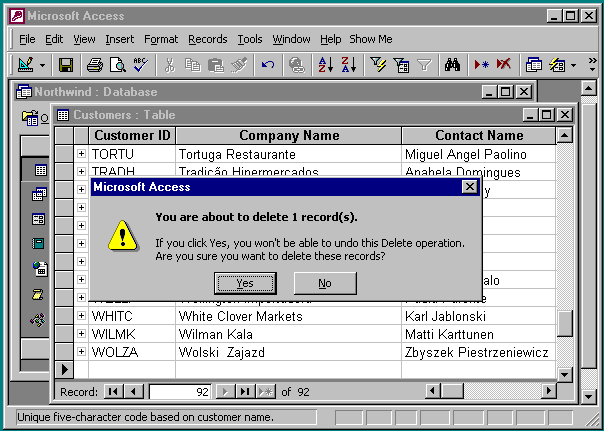 confirming the deletion the Restaurante Villa record