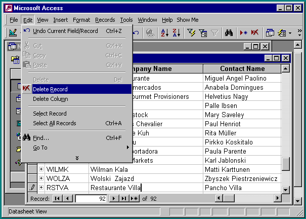 deleting the Restaurante Villa record
