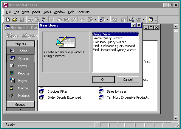 the new query dialog box