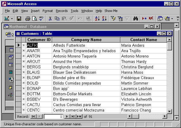 customers table opened displaying data