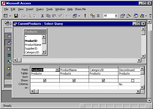 the design view of the CurrentProducts query