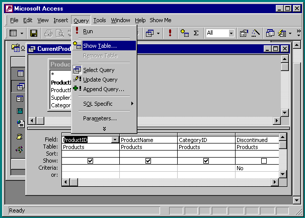 displaying the Show Table dialog box