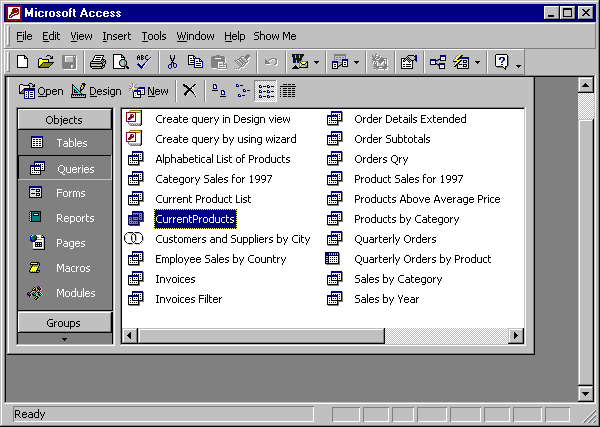 opening the CurrentProducts query in design view
