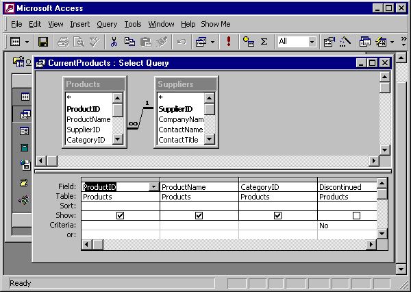 the Products and Suppliers tables both displayed