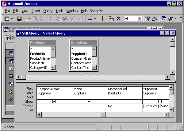 the SQL query in design view