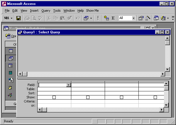 the new blank query in design view