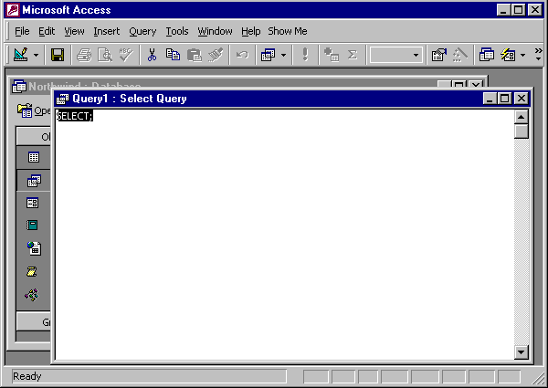 the new blank query in SQL view