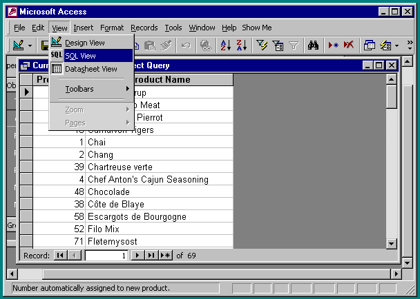 changing to the SQL View of the Current Product List query