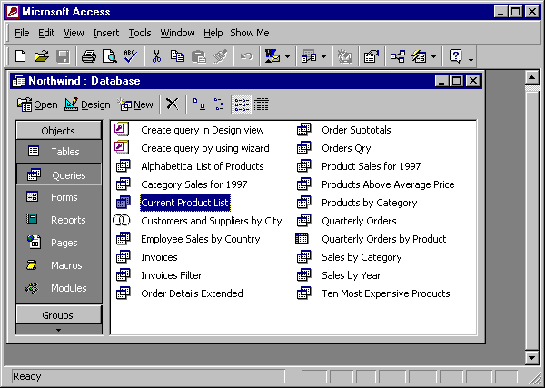 Northwind database window queries tab with Current Product List selected