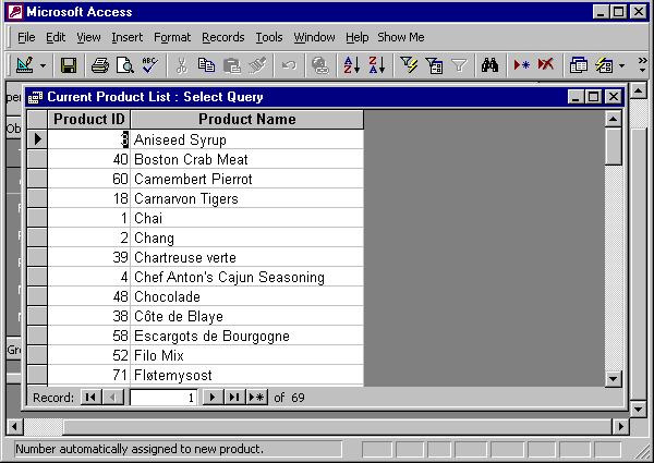 result of the Current Product List query