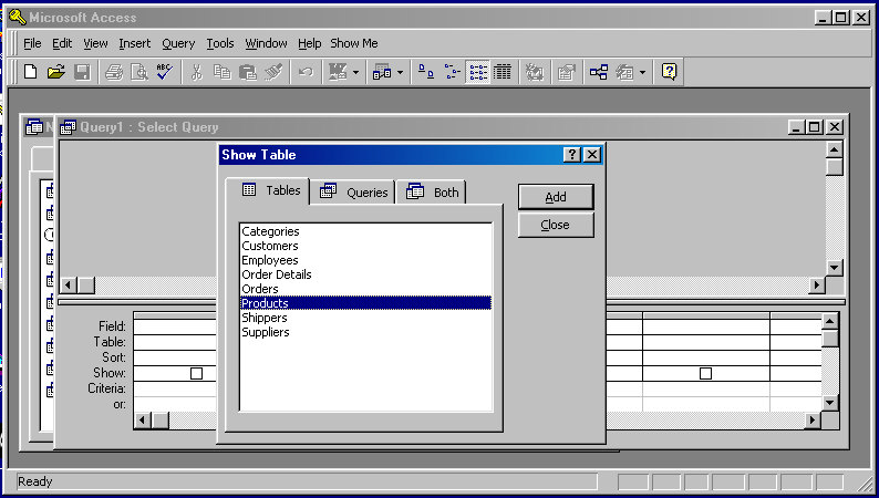 the new blank query in design view with the Show Table dialog box displayed