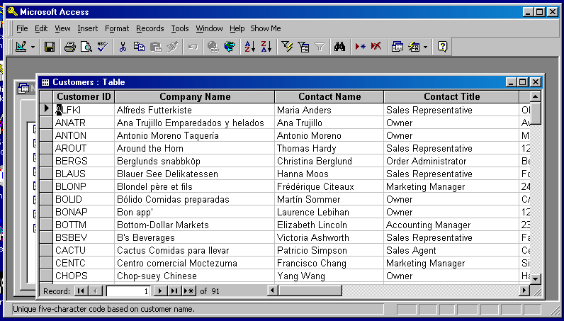 customers table opened displaying data