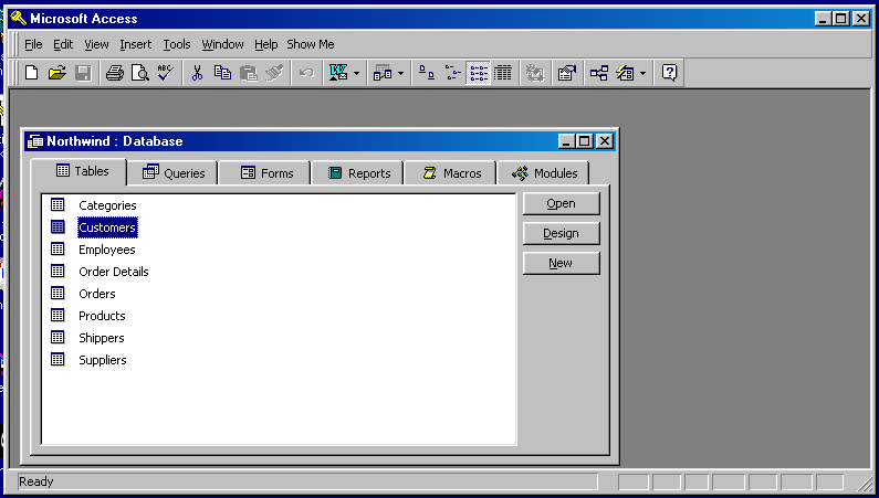 Northwind database window tables tab with Customers selected