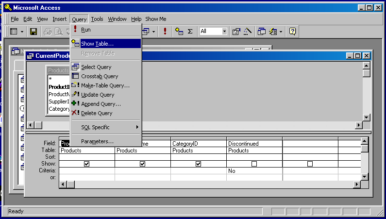 displaying the Show Table dialog box