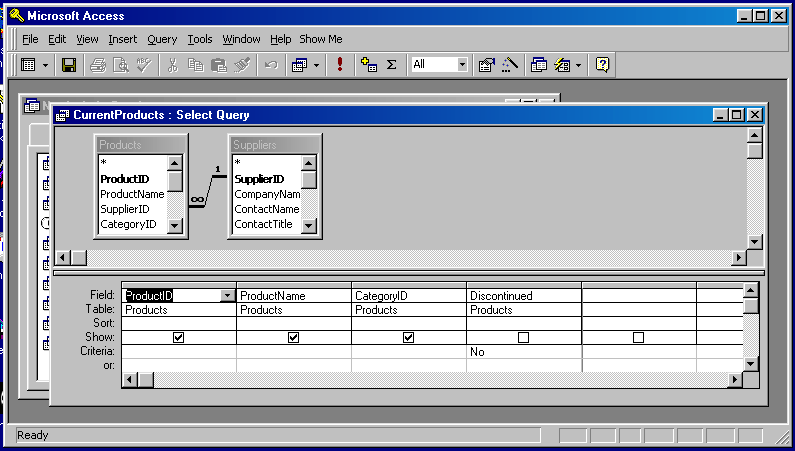 the Products and Suppliers tables both displayed