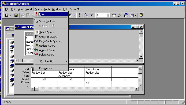 running the Current Product List query